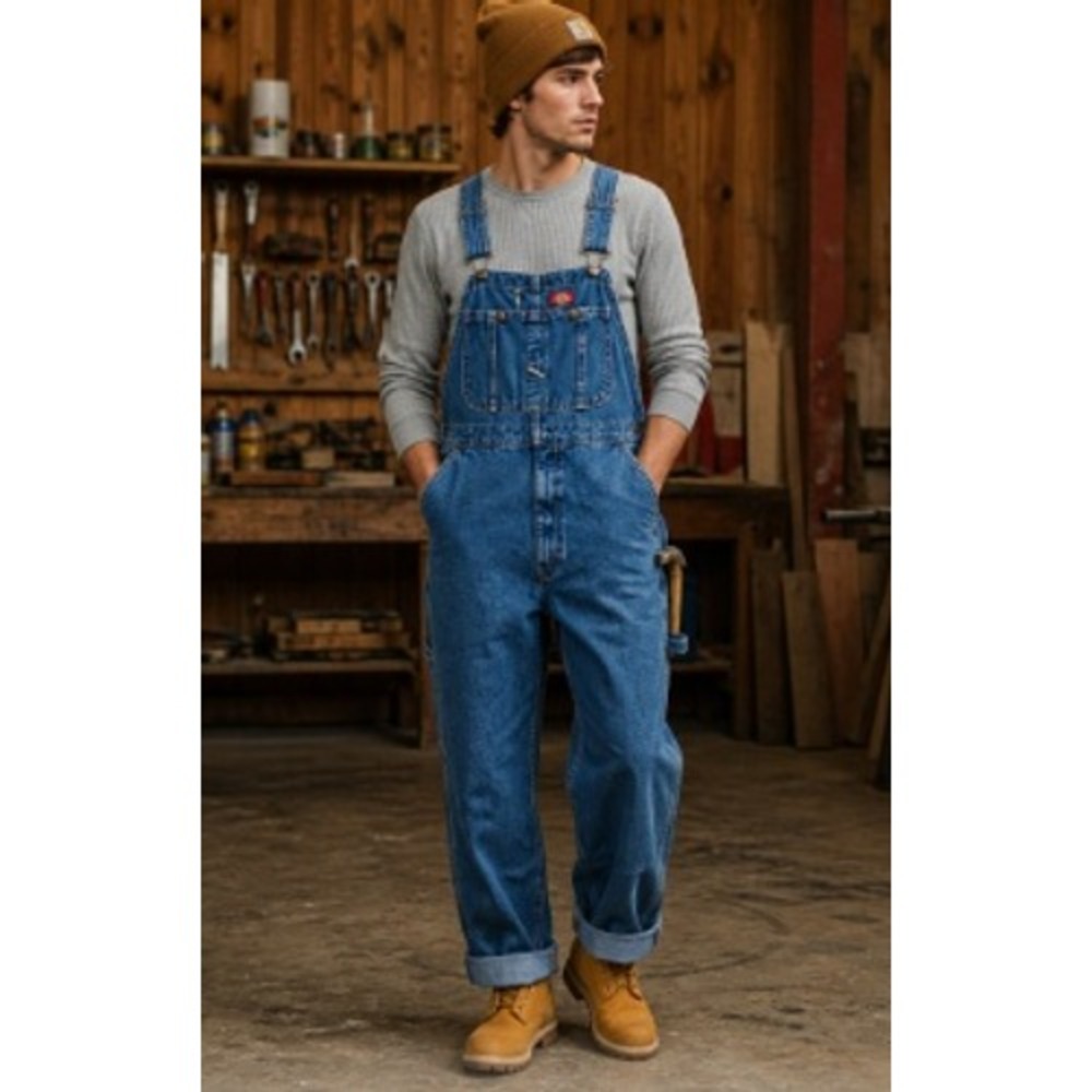 Dickies Denim Carpenter Bib Overalls Wide Leg Utility Blue 42x30 Y2K